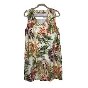 J.Jill Love Linen 100% Linen V Neck Sleeves Pockets Tropical Shift Lined Dress M
